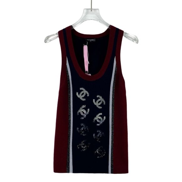 Chanel Color-Blocked Logo Sequin Wool Sleeveless Knitted Vest Size 42 Round Neck - Picture 1 of 7